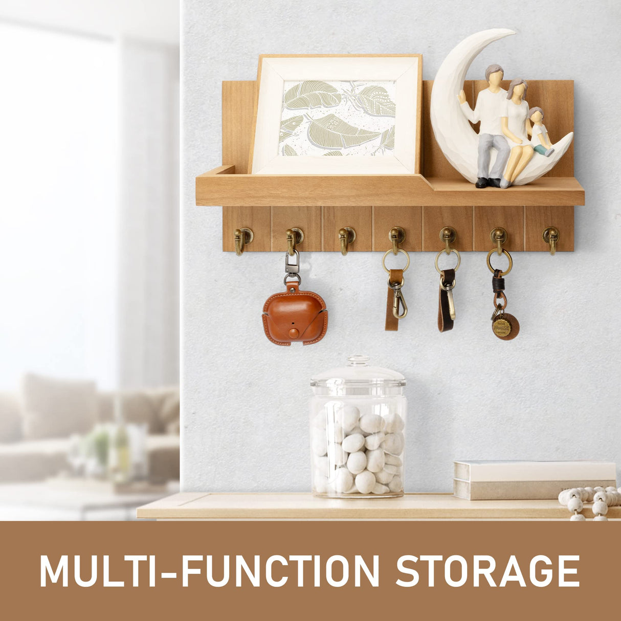 Rebee Vision Decorative Key Holder for Wall Shelf - Farmhouse Wood Wall Hanging Mail Organizer with 7 Sturdy Key Hooks for Home Entryway Decor - Stylish Key racks (Light Brown) Rebee Vision