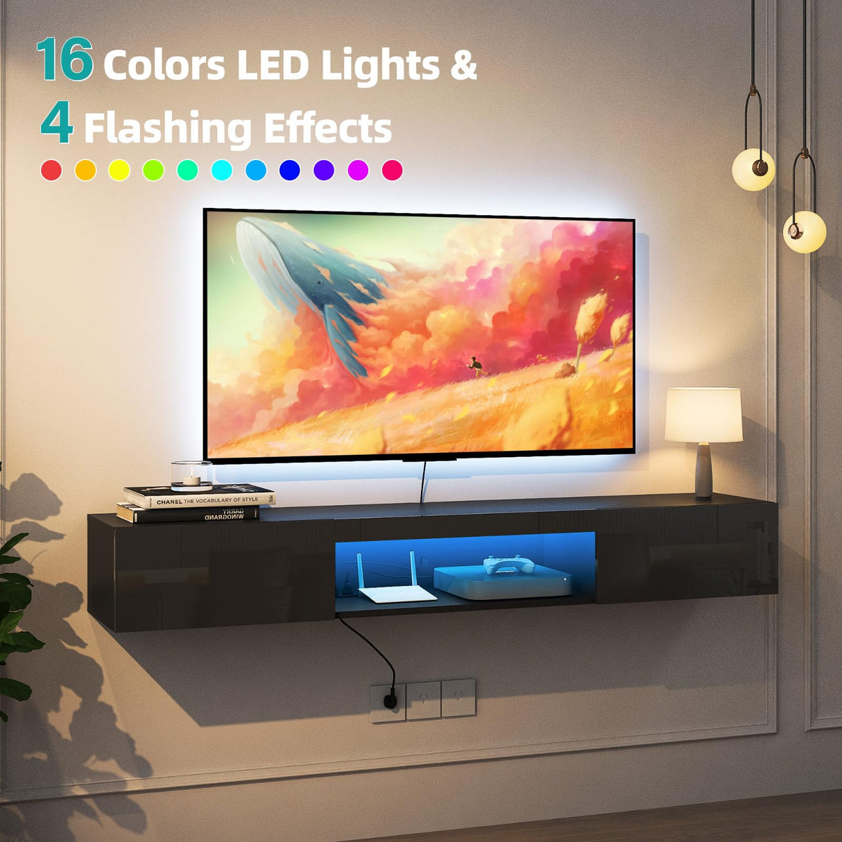 Floating TV Stand Shelf for TVs up to 80 Inch, Floating TV Cabinet with LED Light, Modern Wall Mounted Media Console Shelf with Power Outlets, Entertainment Center for Under TV Storage, Black Msutree