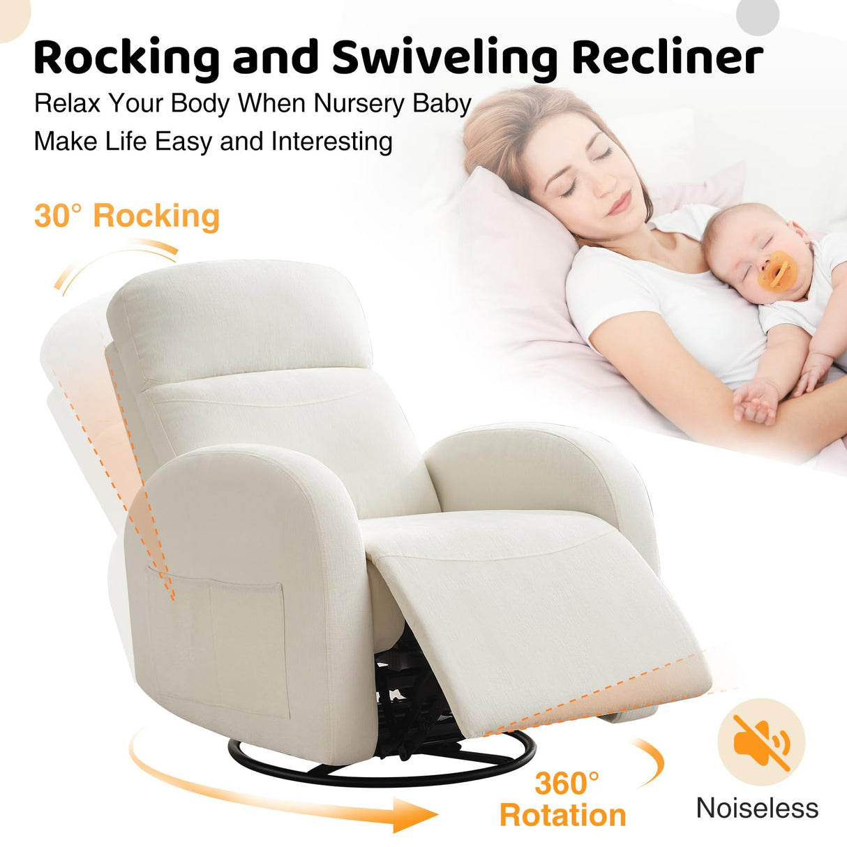 AEMEIOS Swivel Recliner Rocker Nursery, Chenille Nursering Glider Recliner, Manual Swivel Rocking Reclining with Double Pockets for Living Room, Cream White AEMEIOS
