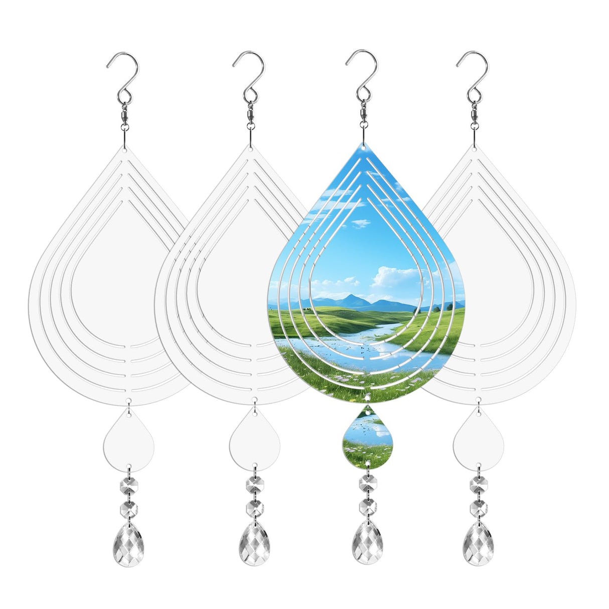 Sublimation Wind Spinner Blanks 8 Inch 4 Pack Wind Spinners Sublimation Blanks with Crystal Pendant Aluminum Metal Wind Spinners for Yard Garden Indoor Outdoor Window Porch Decoration(Waterdrop CHONOVO