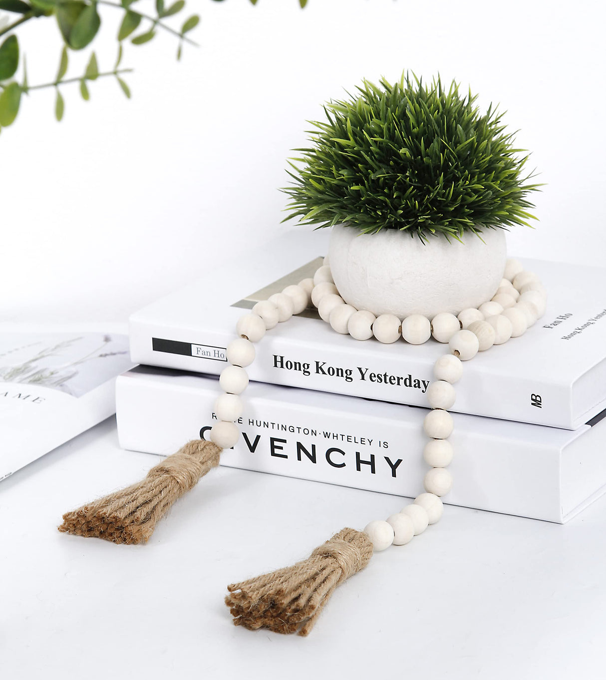 Wood Bead Garland Farmhouse Beads with Tassels,Farmhouse Tassel Garland Country Wall Hanging Decor Prayer Beads(39 inches/Nature) RAMIRABI