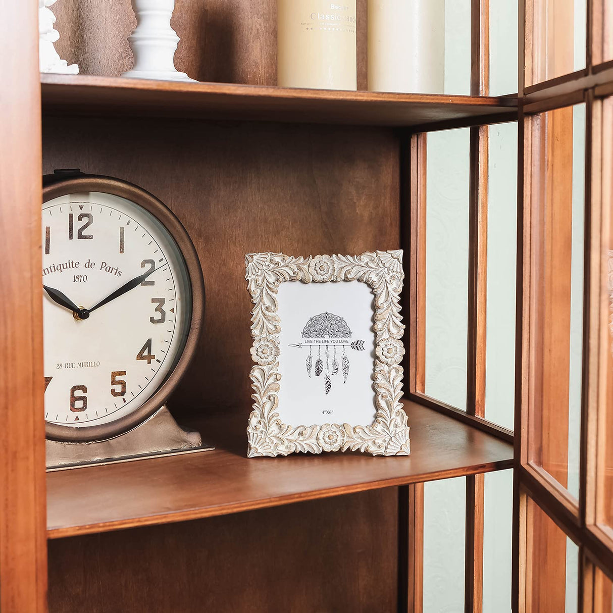 NIKKY HOME Farmhouse Boho Style Floral Picture Frame 4x6 Rustic Resin Photo Frame with Distressed White Finish, High Definition Glass for Table Top Display NIKKY HOME