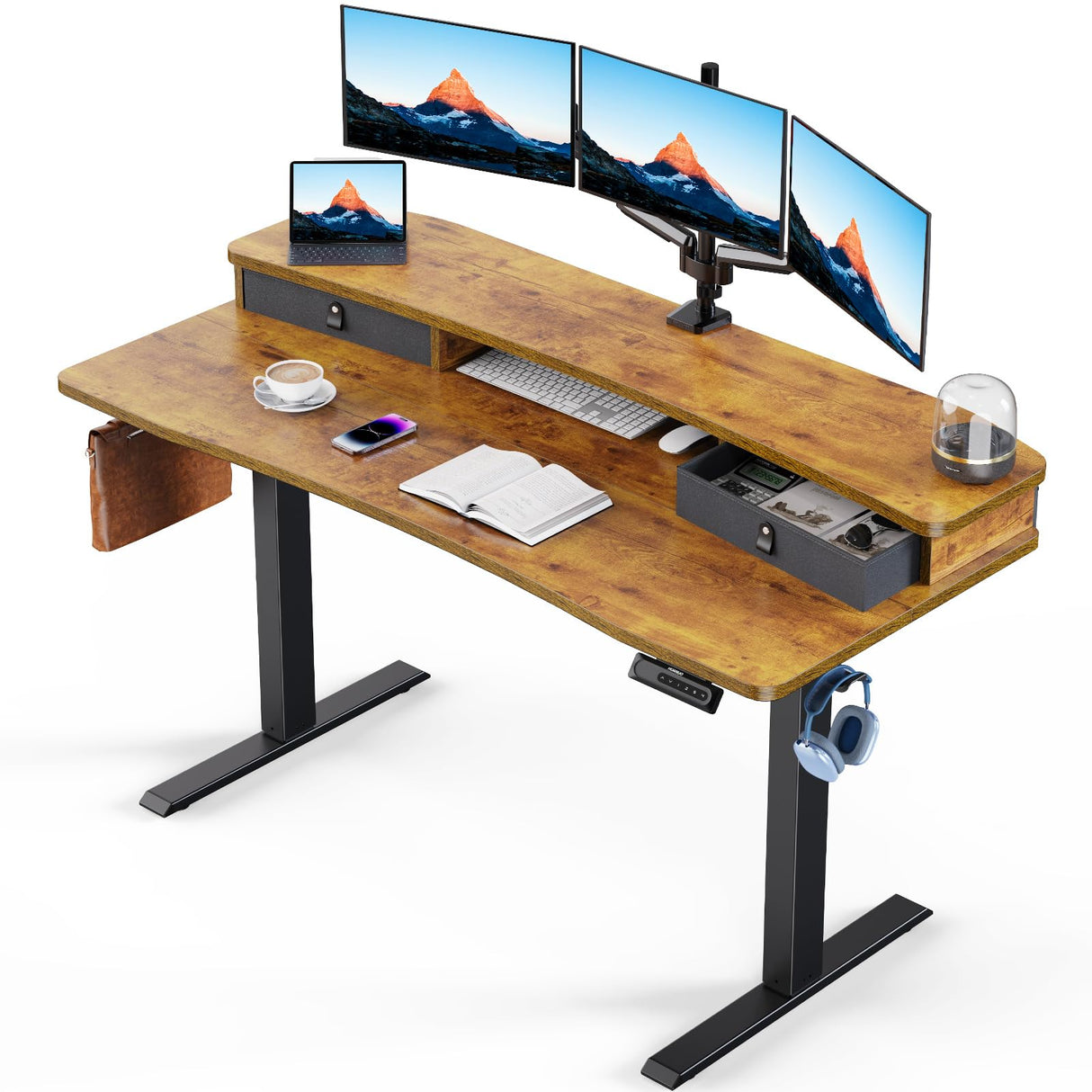 HUANUO 55″ x 26″ Electric Standing Desk with 2 Drawers, C-Clamp Mount Compatible, Height Adjustable Computer Desk, Home Office Stand Up Desk with 4 Preset Heights & 2 Hooks, Vintage Brown HUANUO