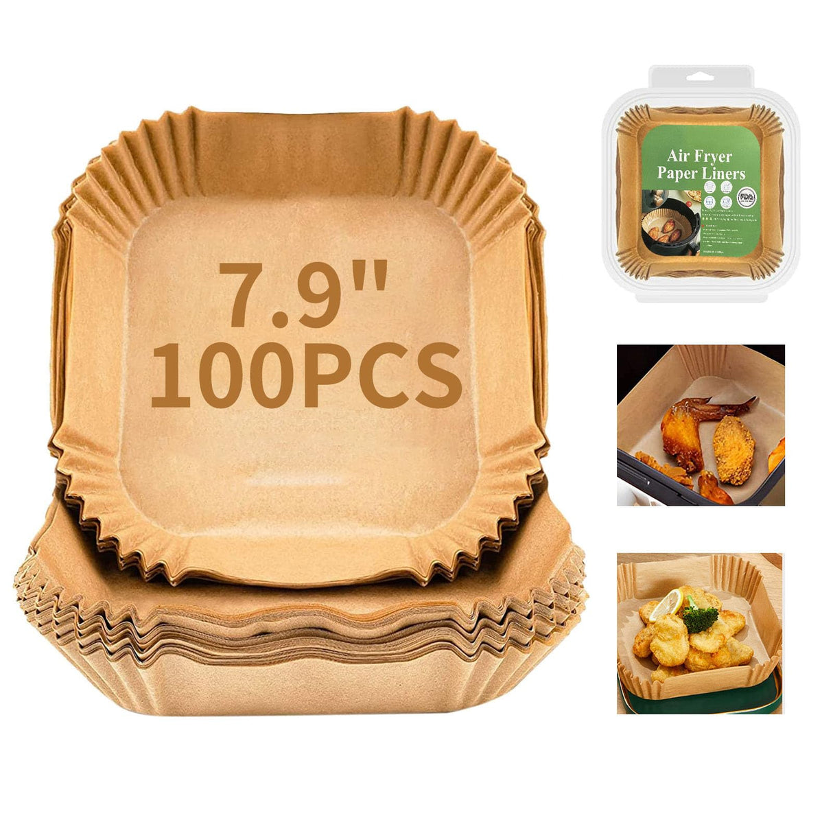 Air Fryer Liners Disposable Square, 100PCS 7.9 INCH Airfryer Liners, Natural Non-stick Parchment Paper for Air Fryer Oil-proof Water-proof, Paper liners for air fryer, Steamer, Baking, Microwave Etc GOFFUGT