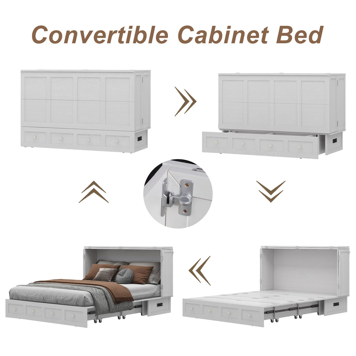 Keloyid Solid Wood Murphy Bed Cabinet:Queen Size Murphy Bed with USB Charging Station and Large Storage Drawer for Home,Optimize Sleeping Space(Mattress Not Included) Ivory White-11 Keloyid