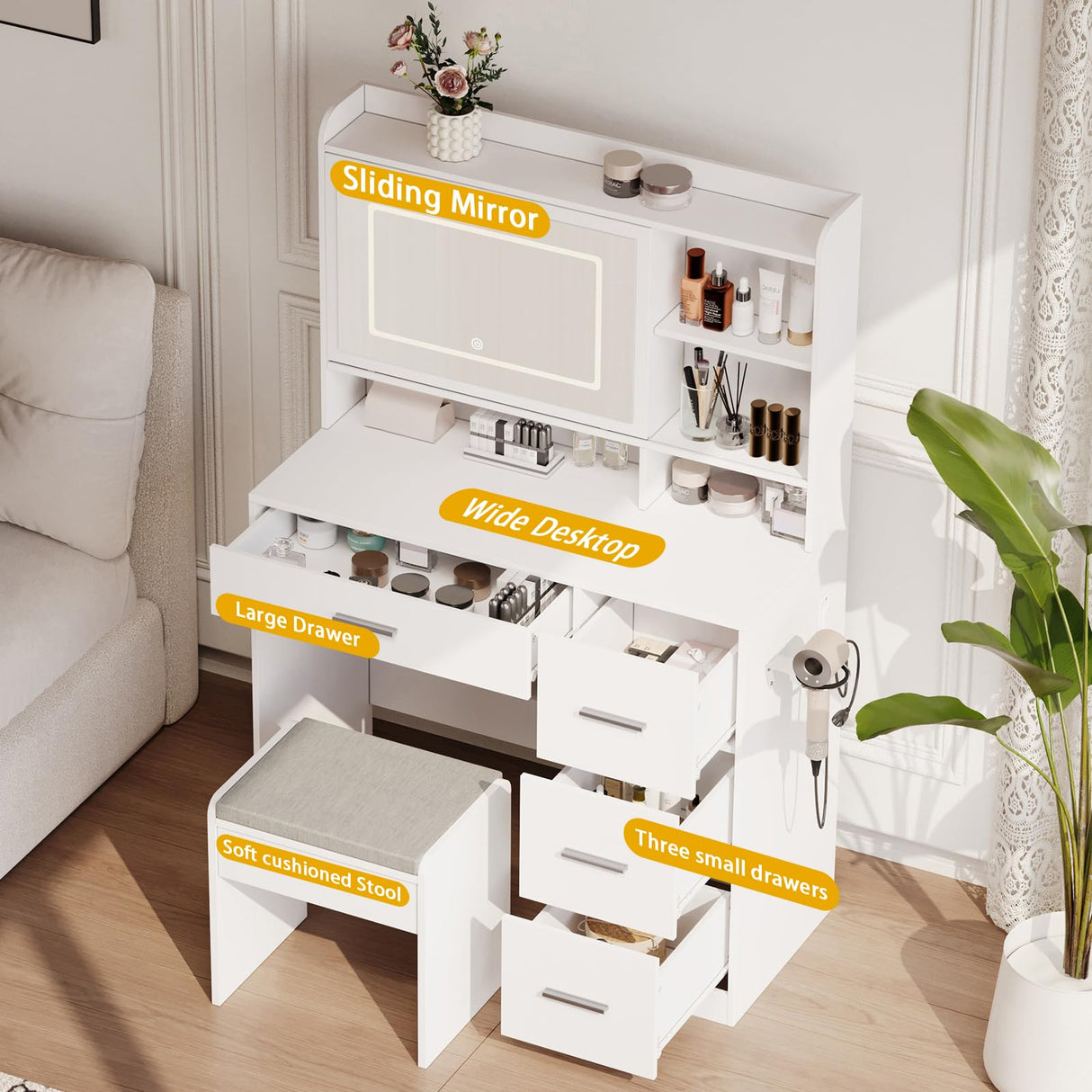 Viaozutis Vanity Desk with a Mirror and Lights,with Chair and Four Drawers, Three Adjustable Lighting Modes,with Power Outlet and Sliding LED Mirror,Bedroom Vanity Desk (White) Viaozutis