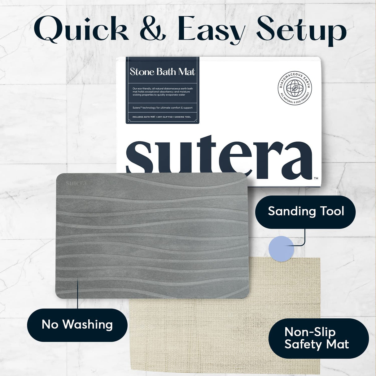 SUTERA - Stone Bath Mat, Diatomaceous Earth Shower Mat, Non-Slip Super Absorbent Quick Drying Bathroom Floor Mat, Natural, Easy to Clean (23.5 x 15 Gray) SUTERA