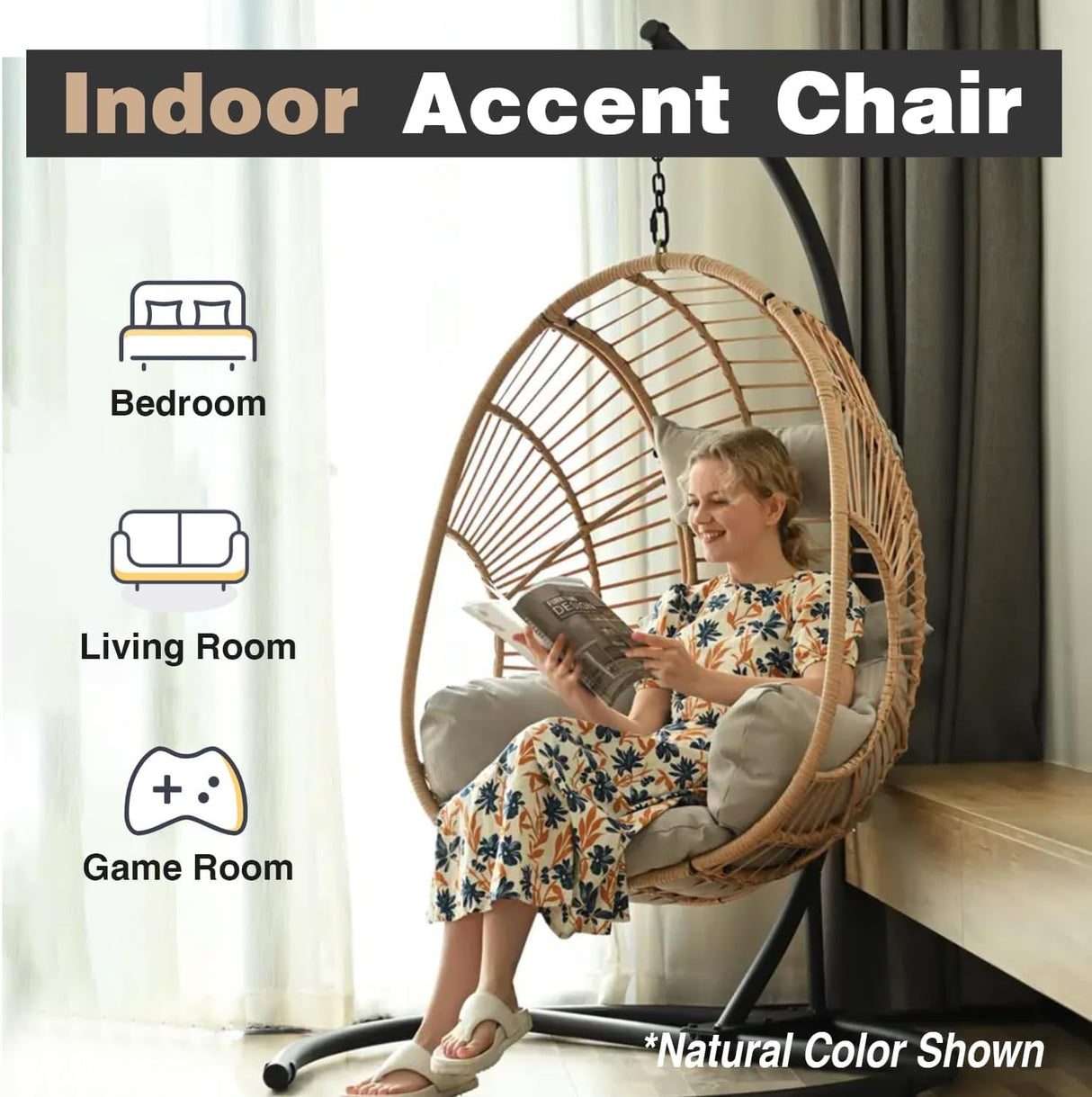 CHINNLUU Oversized Hanging Egg Chair Outdoor Wicker Swing Chair with Stand Rain Cover UV Resistant Cushion 400lbs Capacity for Patio, Garden and Balcony CHINNLUU