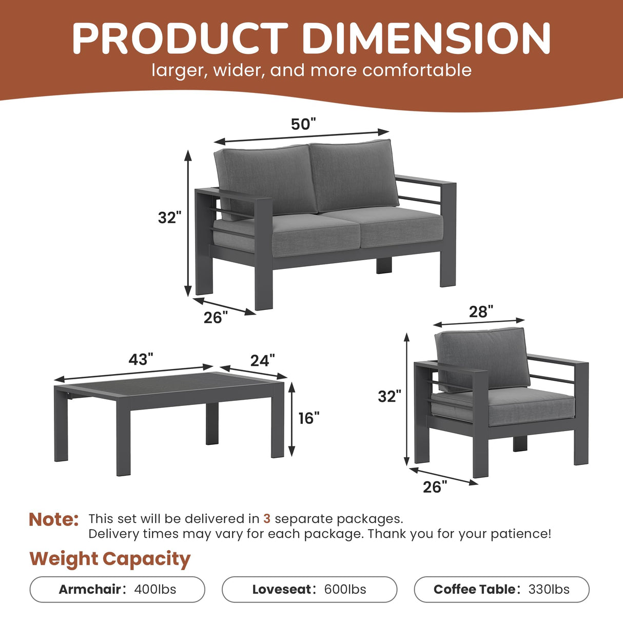 Solaste Outdoor Aluminum Furniture Set,4 Pieces Patio Sectional Chat Sofa Outdoor Conversation Set with Table,Dark Grey Solaste