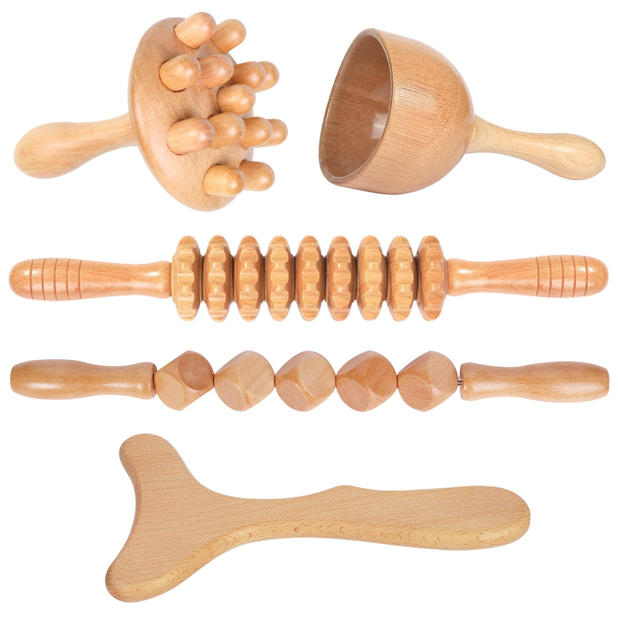 Komogir Wood Therapy Massage Tools 5-in-1 Lymphatic Drainage Massager Maderoterapia Kit Wooden Massager Body Sculpting Tools for Muscle Pain Relief, Anti-Cellulite, Body Contouring and Shaping Komogir