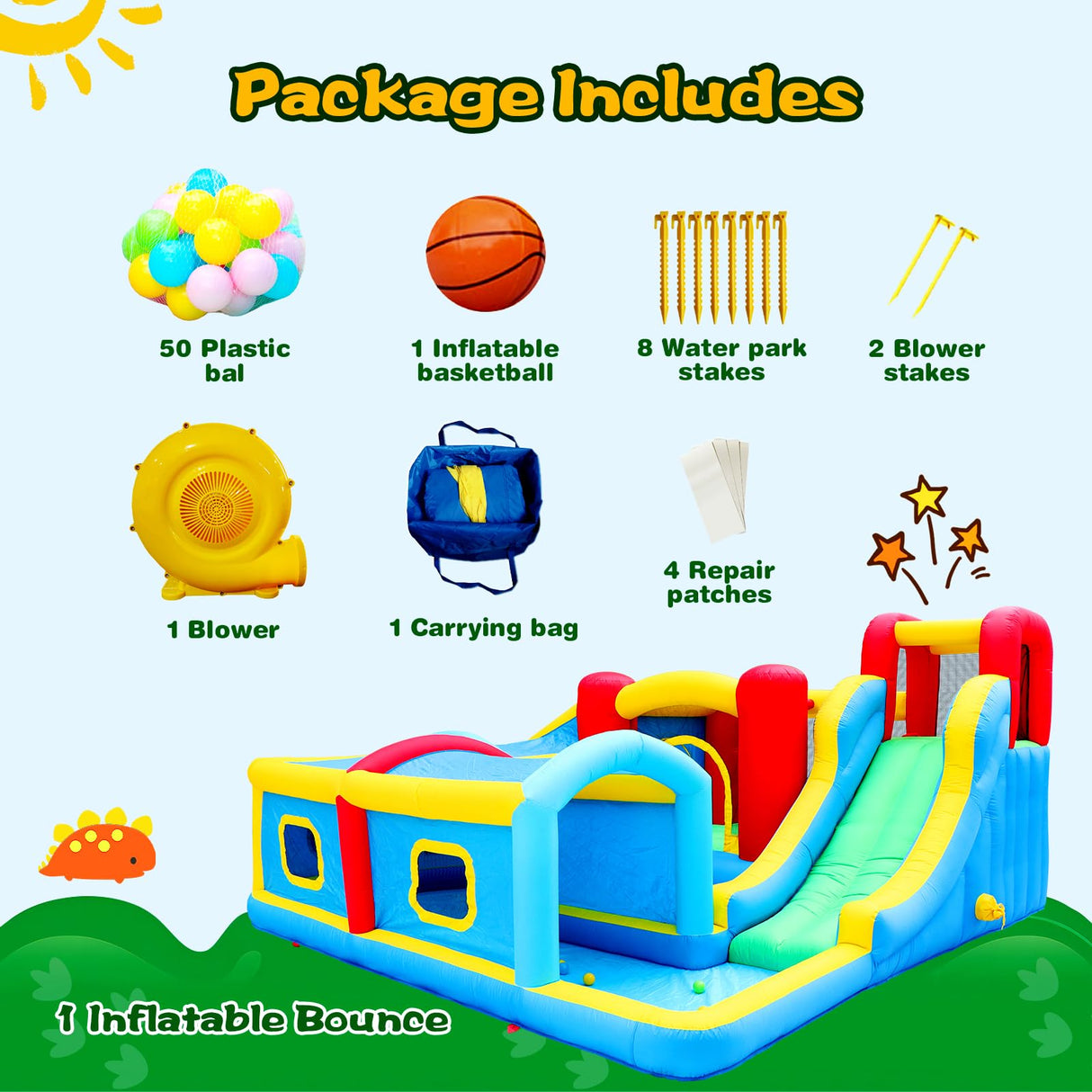 WELLFUNTIME Inflatable Bounce House with Slide, Jumping Castle with Blower and Wave Pool, Basketball Rim, Long Tunnel WELLFUNTIME