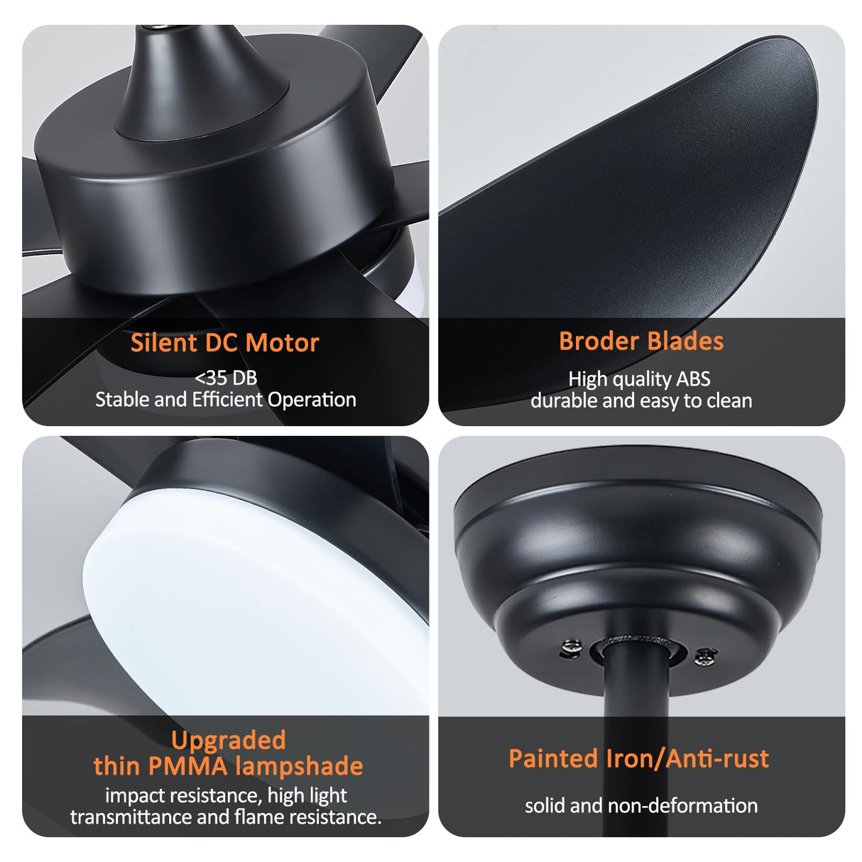 RHEAFON Ceiling Fans with Lights and Remote,30 Inch Smart Ceiling Fan,Reversible,Noiseless,Small Black Ceiling Fan for Bedroom Kitchen Indoor/Outdoor Patio RHEAFON