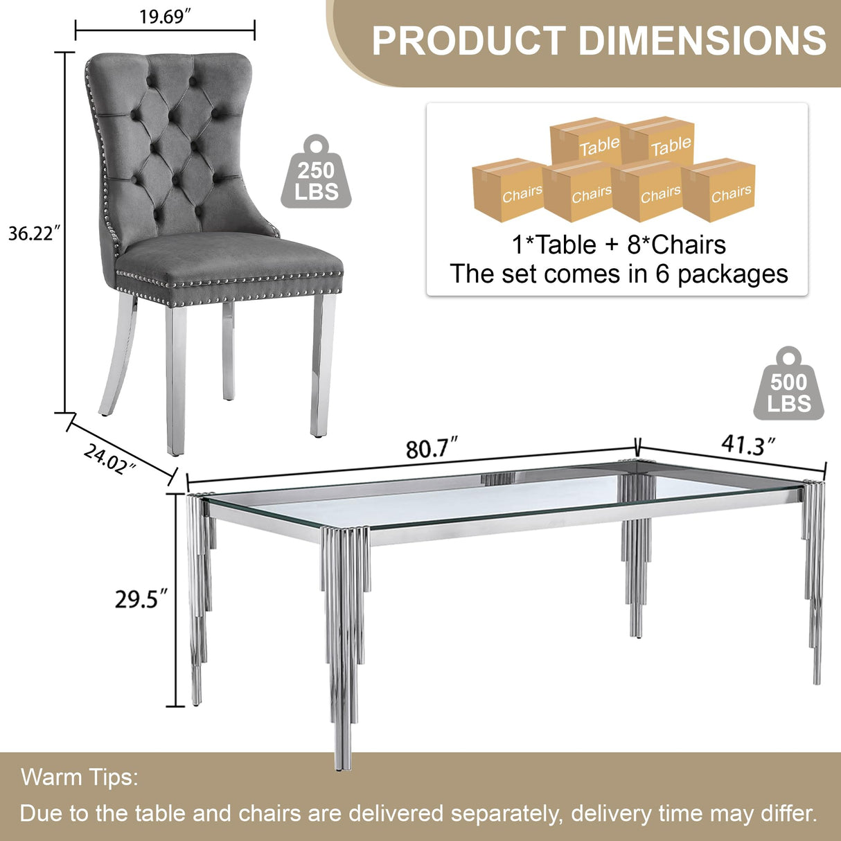 9 Piece Glass Dining Table Set for 8, 81" Rectangle Kitchen Table with 8 Gray Velvet Upholstered Chairs, Tempered Glass Tabletop with Stainless Steel Legs, for Kitchen and Dining Room, Silver Clear AMHDDT