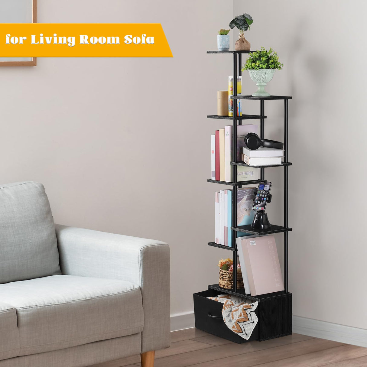 Vrisa Bookshelf with Fabric Drawer 7 Tier Bookcase with Storage 53" Tall Narrow Industrial Book Shelf Open Freestanding Shelf Organizer Unit for Living Room, Bedroom, Home Office, Black Vrisa