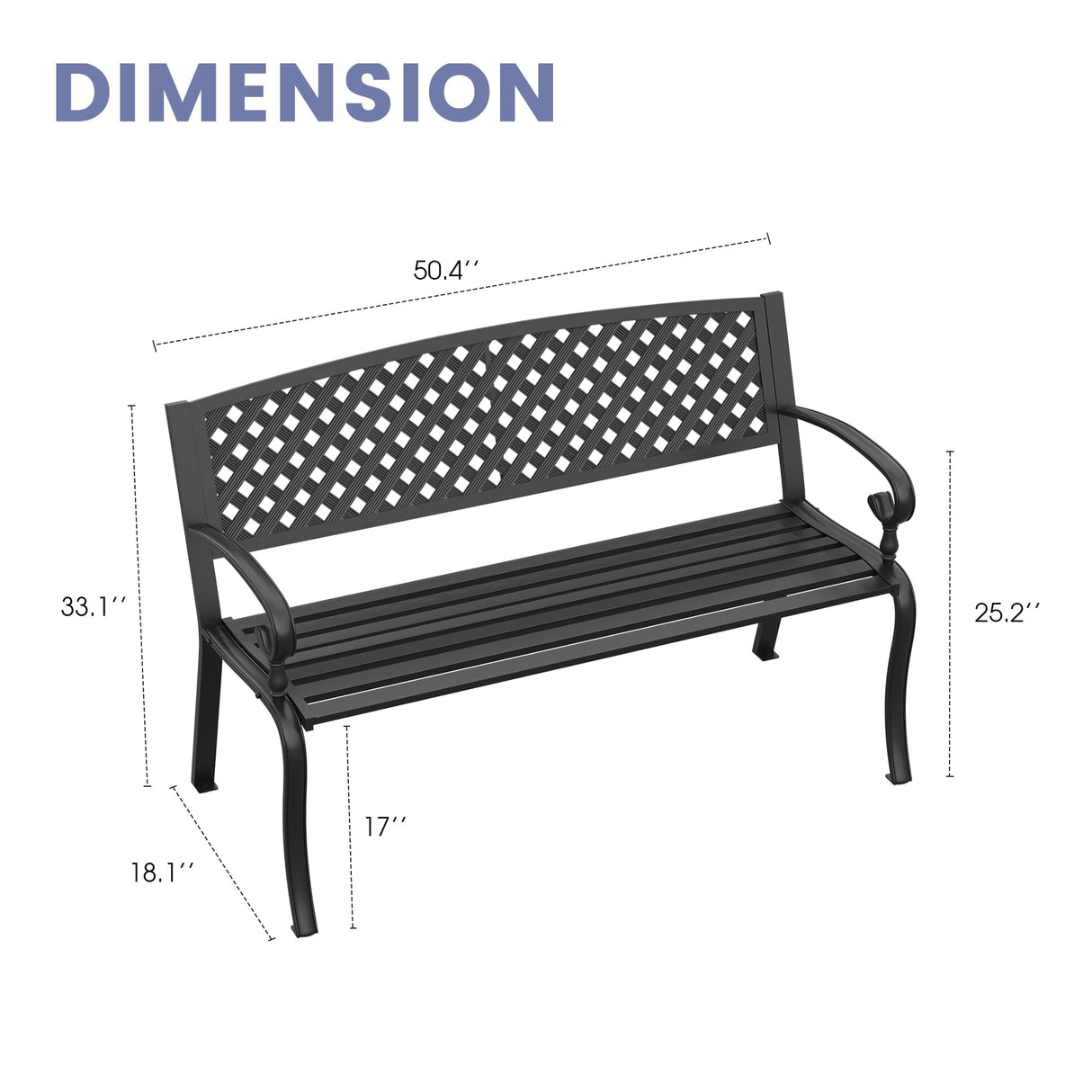 VICLLAX Outdoor Garden Bench, 50” Long Metal Patio Bench with Backrest and Armrests, Modern Slatted Black Park Bench for Front Porch, Lawn, Yard, Garden, Crossed Rhombic Back VICLLAX