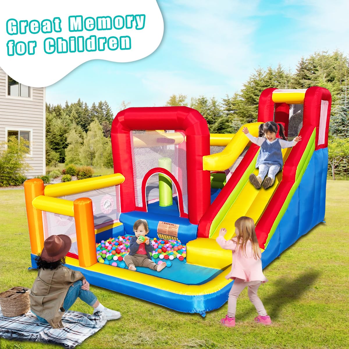 Hongcoral Bounce House, Inflatable Bounce Castle with Blower for Kids, Blow Up Jumping Bouncer with Slide, Climbing Wall, Obstacles, Trampoline, Ball Pit Pool for Indoor Outdoor Hongcoral