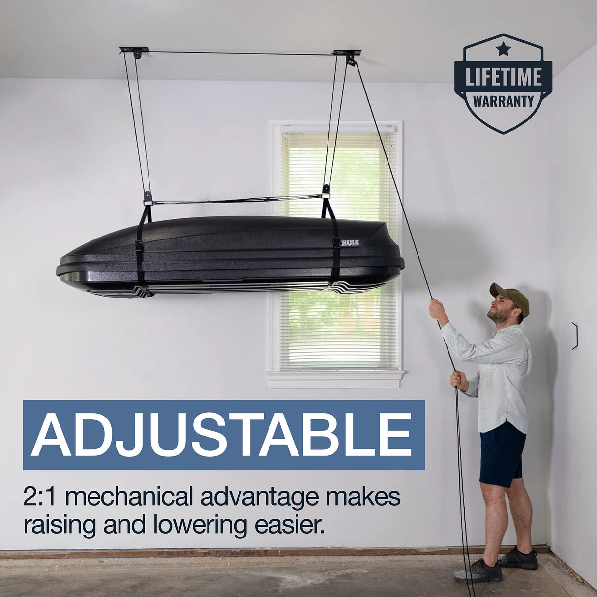 StoreYourBoard Cargo Box Pulley System – Heavy-Duty Garage Hoist Lift for Rooftop Carriers – Garage Storage & Garage Organization Ceiling Hoist with Pulley – Holds 150 lbs - Fits 8–10 ft Ceilings StoreYourBoard