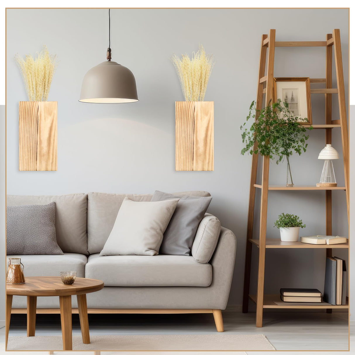 Vesici 2 Pack Wood Wall Planter Vase with Artificial Plants Indoor Plants Holder Pocket Farmhouse Wooden Vases Wall Flower Vase Hanging Plant Decor for Bedroom Kitchen Office Home (Brown,Reed) Vesici