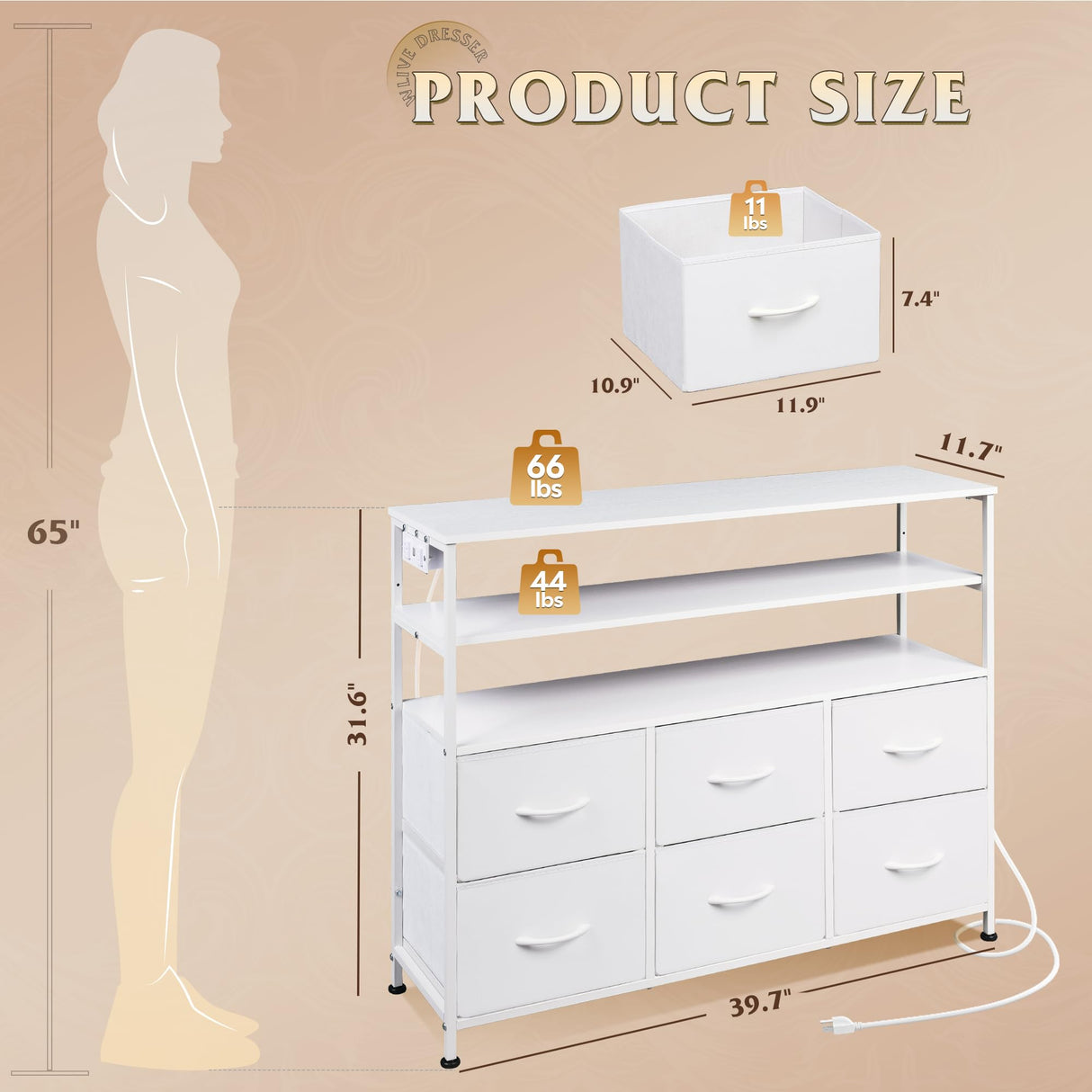 WLIVE Led Dresser for Bedroom, White Dresser TV Stand for Bedroom with LED Lights and Power Outlet, Wide Chest of Drawers with Open Shelves for Entryway, 6 Fabric Drawers and Wood Top for Living Room WLIVE