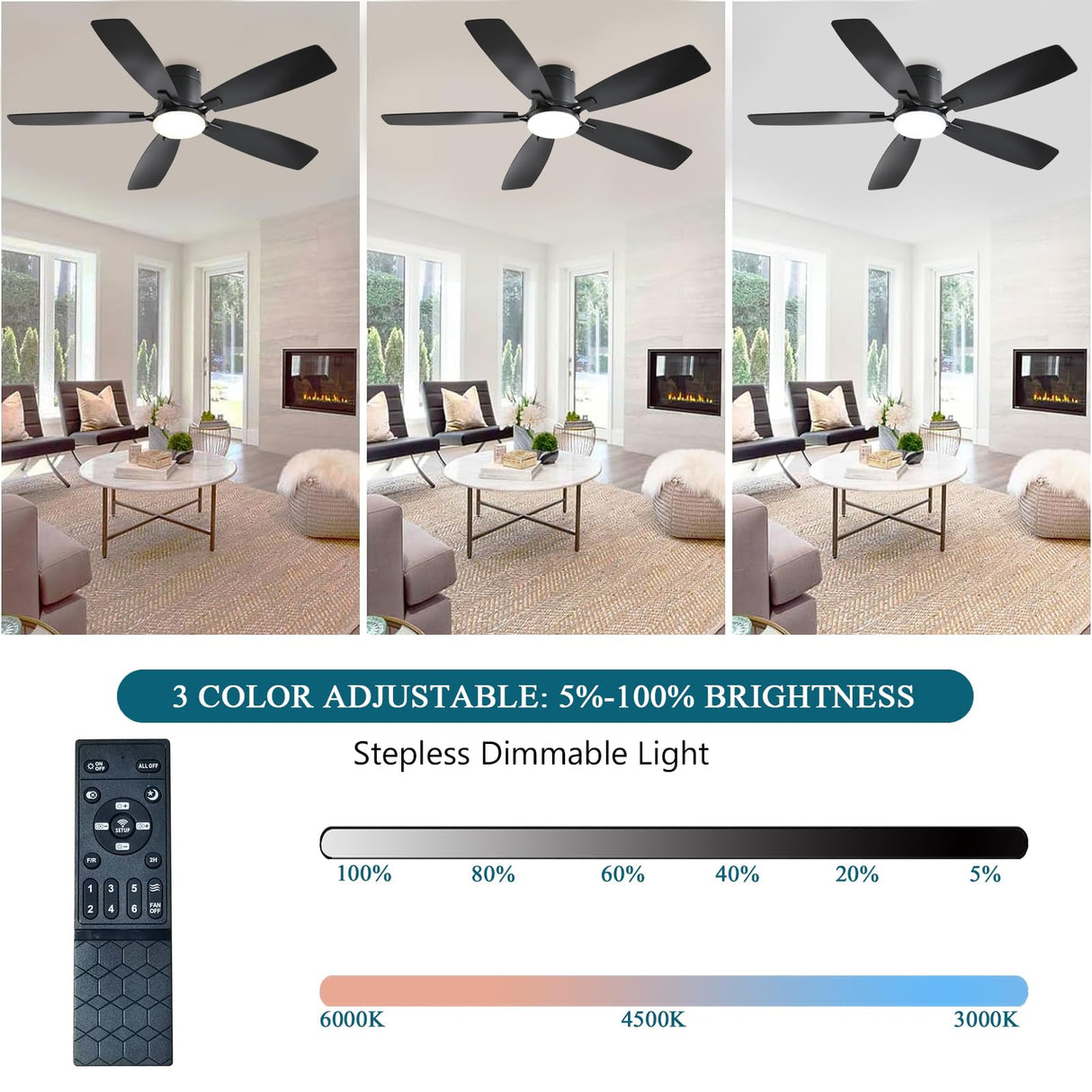 Ayaoty Ceiling Fans with Lights, 52 inch Low Profile Ceiling Fan with Light and Remote Control, Flush Mount, Reversible Motor, Dimmable, Noiseless, Black Ceiling Fan for Bedroom, Indoor/Outdoor Use Ayaoty