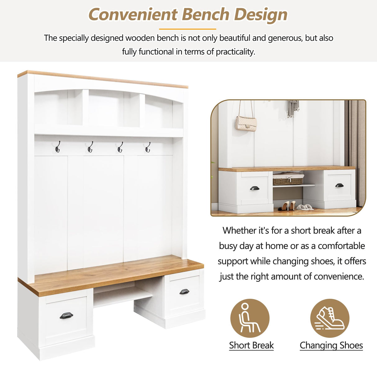 Merax Hall Tree with Bench and Shoe Storage, Farmhouse Wooden Coat Rack with Adjustable Shelves for Entryway, Living Room, White Merax