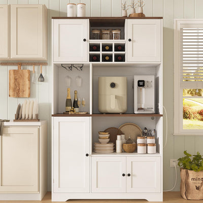 Hasuit 71.3" Pantry Cabinet with Charging Station, Tall Farmhouse Kitchen Hutch with Microwave Stand, Coffee Bar Hutch with Removable Wine Rack for Living Room, Dining Room, White