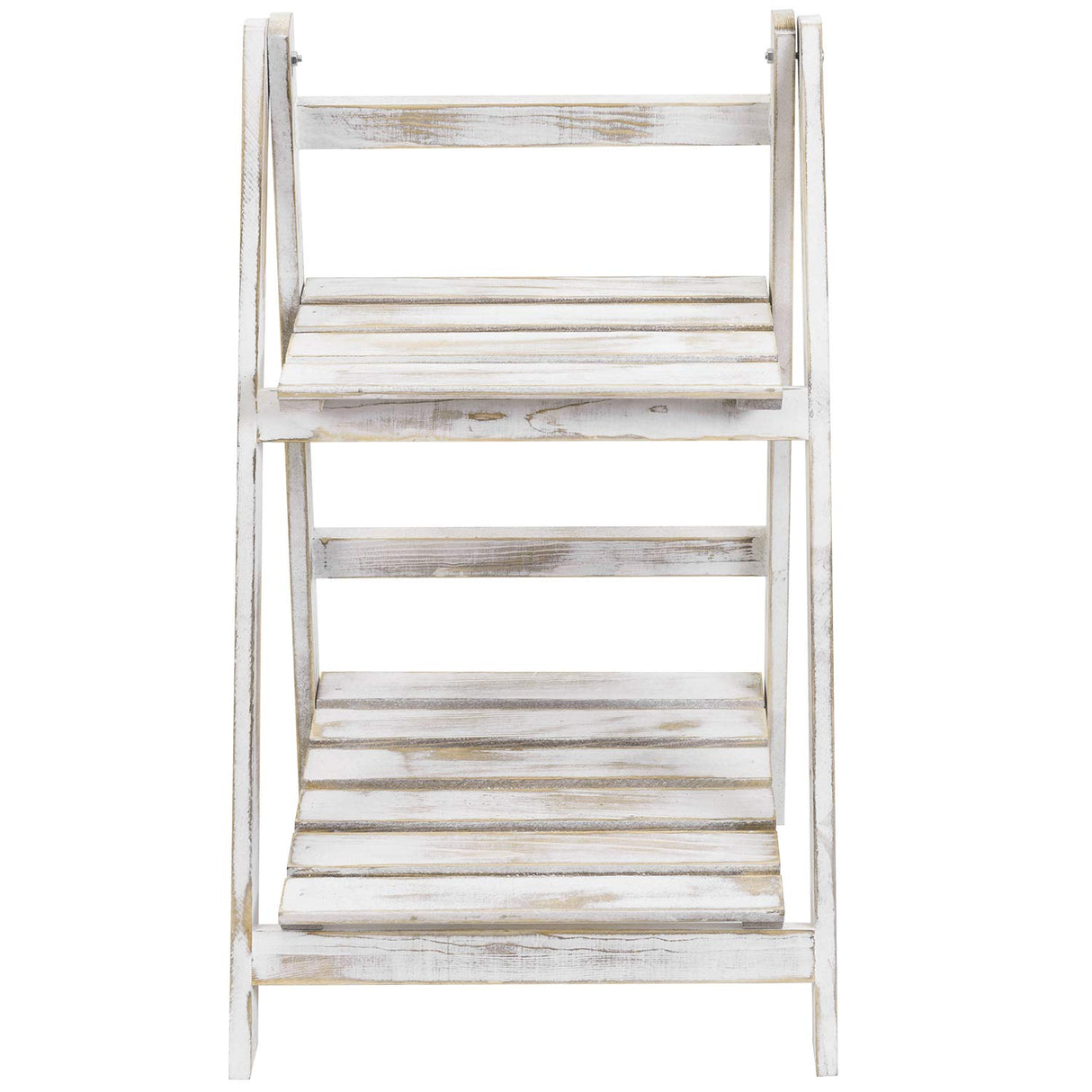 MyGift 2 Tier Rustic Whitewashed Solid Wood Freestanding Foldable Indoor Plant Stand, Decorative Wooden Display Shelf MyGift
