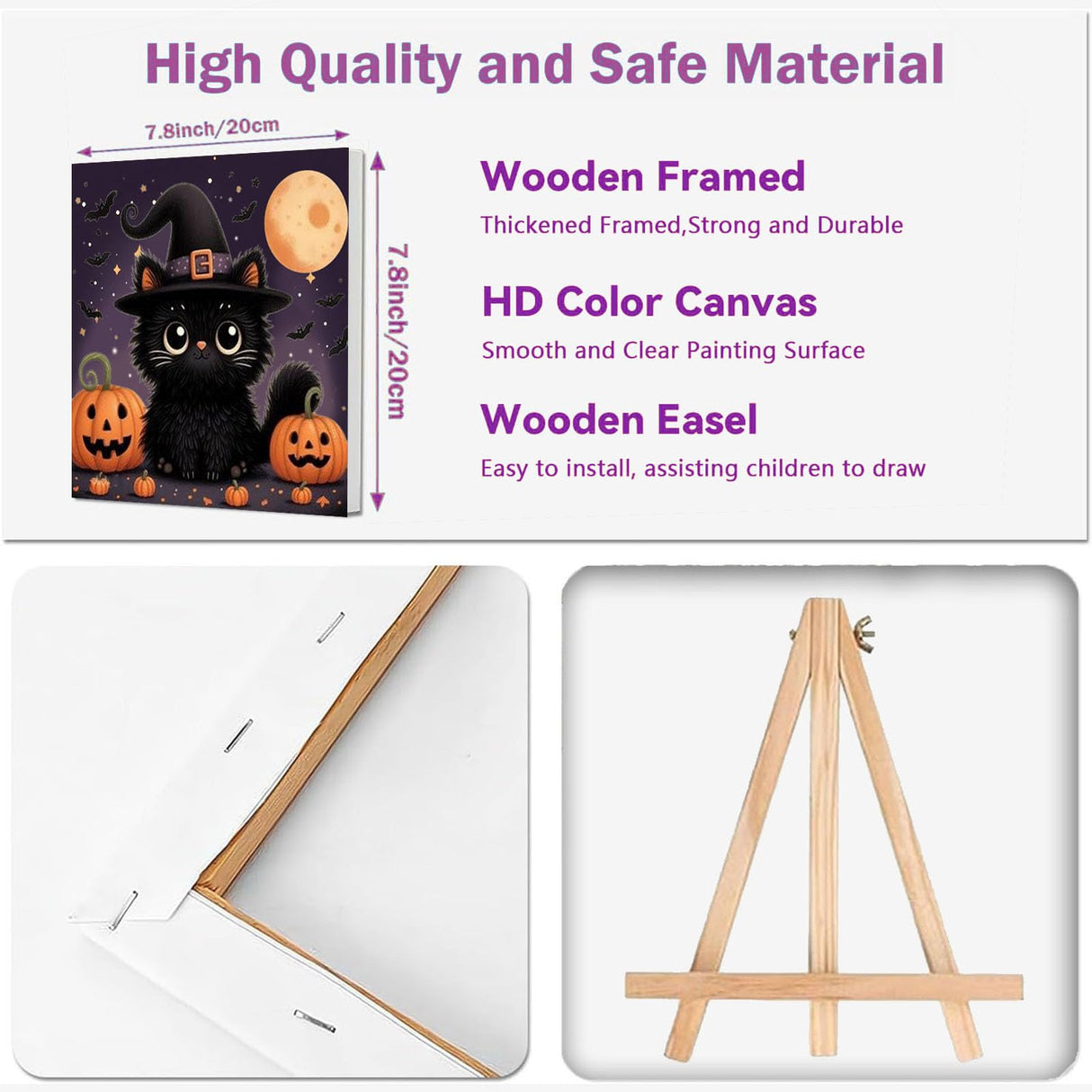 cviokrdu 4 Pack Paint by Numbers Kit for Kids with Frame-Wooden Easel, Halloween Paint by Numbers for Kids Ages 4 8 12, Easy Black Cat Acrylic Oil Painting Kits for Home Wall Decoration 8x8 inch cviokrdu