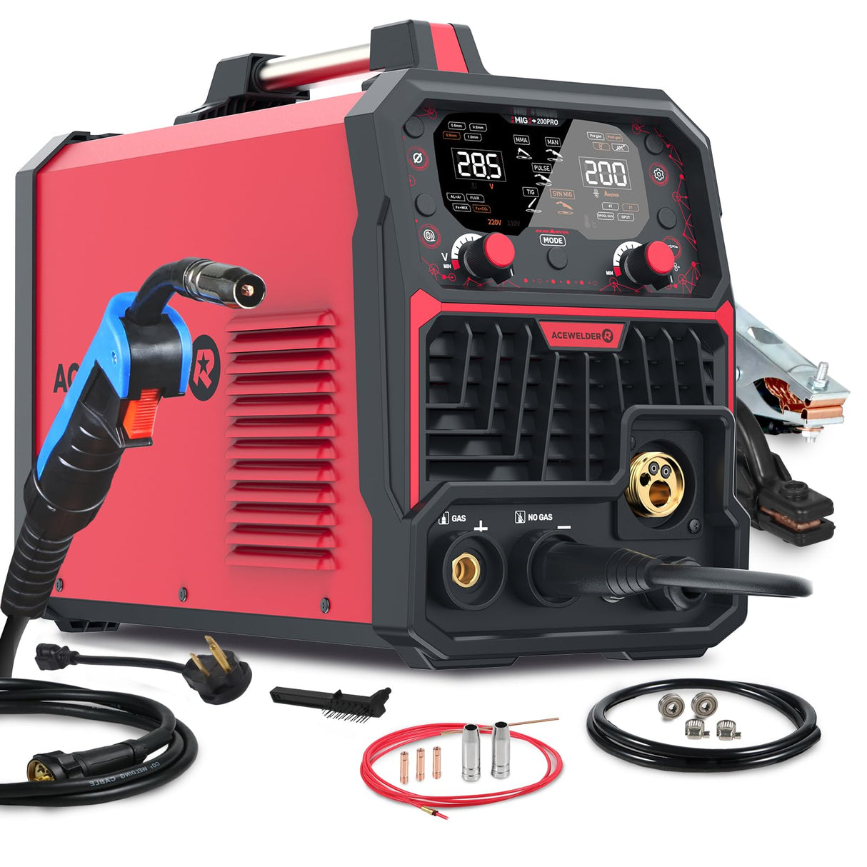 ACEWELDER 200PRO Aluminum MIG Welder with Pulse 7 in 1 Gas MIG/Pulse MIG/Gasless Flux Core/MMA/Lift TIG/Spot Weld/Spool Gun LED Display 110/220V Multiprocess Welder Acewelder