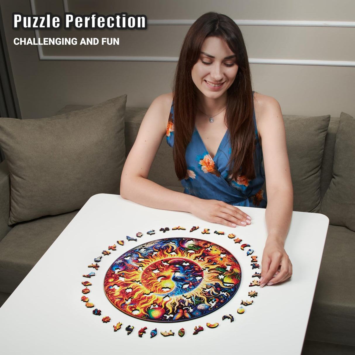 LEOGOR Mosaic Wooden Jigsaw Puzzles for Adults with Whimsical Pieces – 350 Piece Colorful Sun and Moon Puzzle with Unique Animal-Shaped Wood Pieces – Beautiful Design, Large 14.9'' x 14.9'' LEOGOR