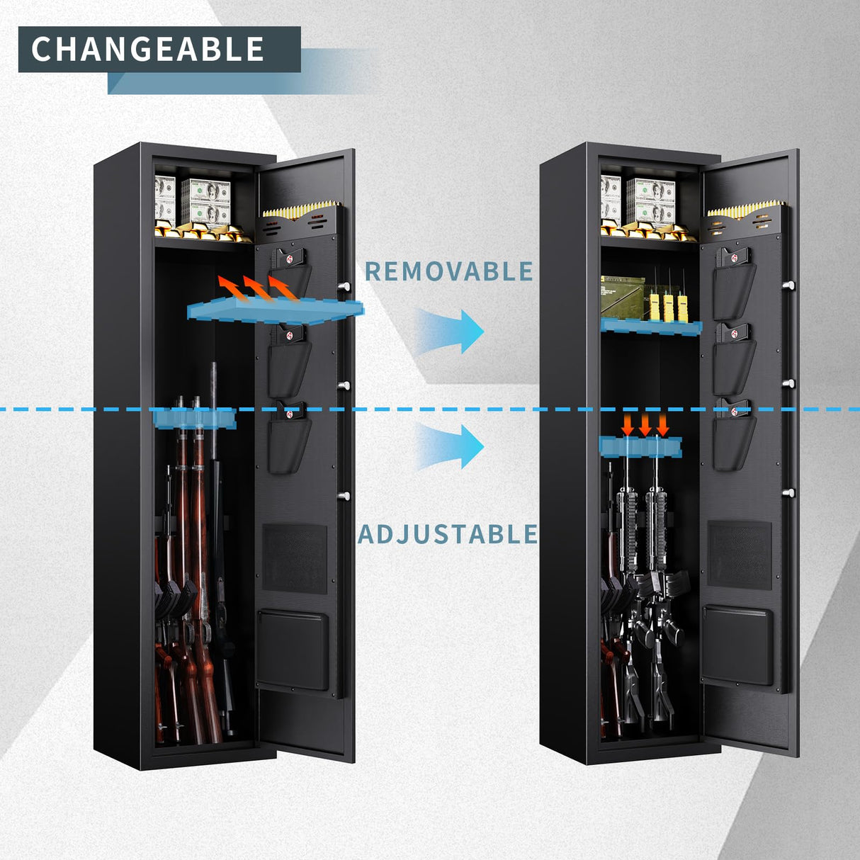 5-6 Gun Safe Cabinet for Rifles and Pistols With 3 Pistol Pouches and 2 Pockets for Home Security Quick Access via Biometric Lock No Assable Require Gun Safes with Adjustable Gun Rack for Shotguns AOJUFEO