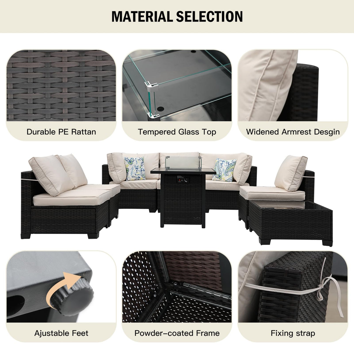Ophelian 8-Piece Patio Furniture Rattan Wicker Outdoor Set Sectional Sofa with 28" Gas Fire Pit Table and Cushions, Conversation Set for Backyard, Patio, Garden, Brown/Beige Ophelian
