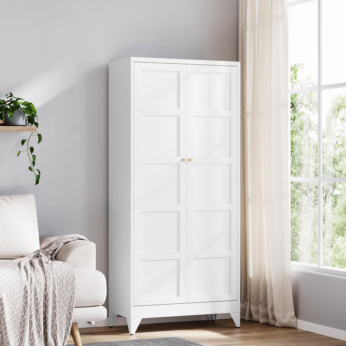 Yizosh Metal Storage Cabinet with 2 Doors and 4 Adjustable Shelves,- 72" White Kitchen Pantry Storage Cabinet for Kitchen,Living Room,Dining Room Yizosh