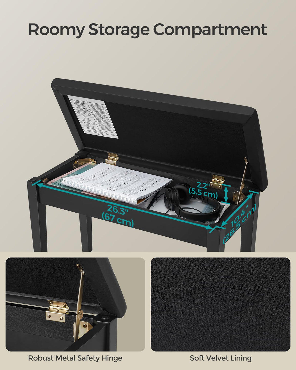 SONGMICS Wooden Duet Piano Bench with Padded Cushion and Music Storage Compartment, Piano Chair Seat, Black ULPB75BK SONGMICS