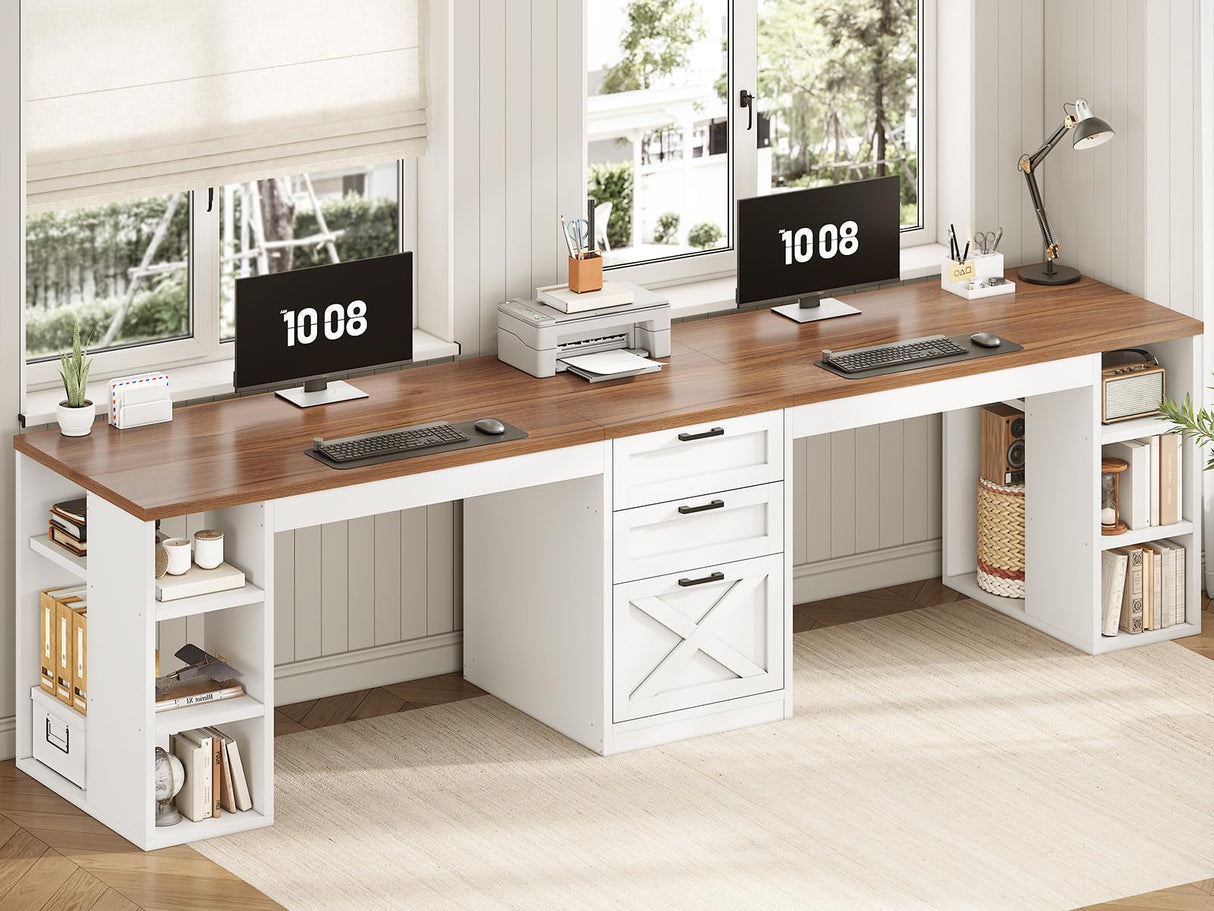 SEDETA Farmhouse 96.5" Computer Desk with Drawers, 2 Person Home Office Desk, Gaming Double Desk with Storage Shelves, Long Two Person Writing Desk (White and Brown) SEDETA