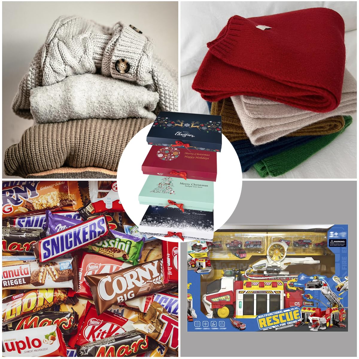 ARTLYMERS Christmas Gift Boxes with Lids, 12 Pack Gift Boxes and Red Ribbon Christmas Themed Pattern Small Gift Boxes for Christmas Presents Gifts Easy Assemble ARTLYMERS