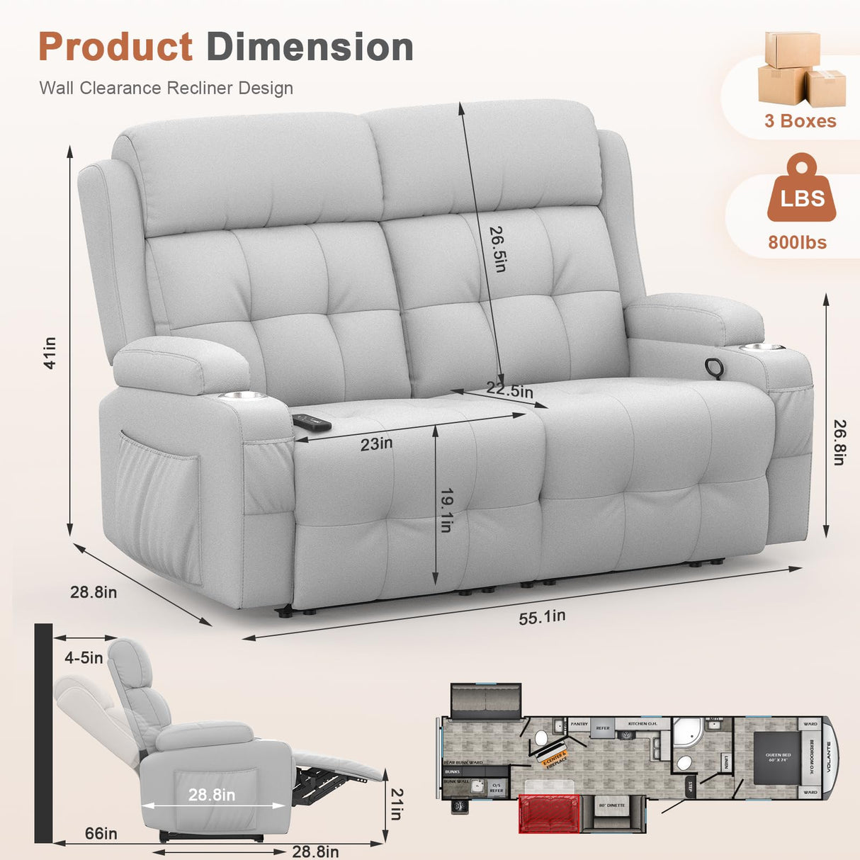 RV Loveseat Recliner Sofa, Oversized Massage Wall Hugger Recliner Couch with Side Pockets, Cup Holders, Reclining Sleeper, 150° Adjustable Recline & Padded Armrests, for RV (Light Gray, Loveseat) Tiooii