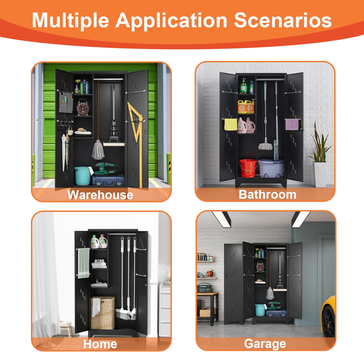 Metal Garage Storage Cabinet, 75“ Cleaning Tool Storage Cabinet, Multifunctional Garage Storage Broom Closet with Doors, Handing Rod (Black, Door-2) CBNTKI