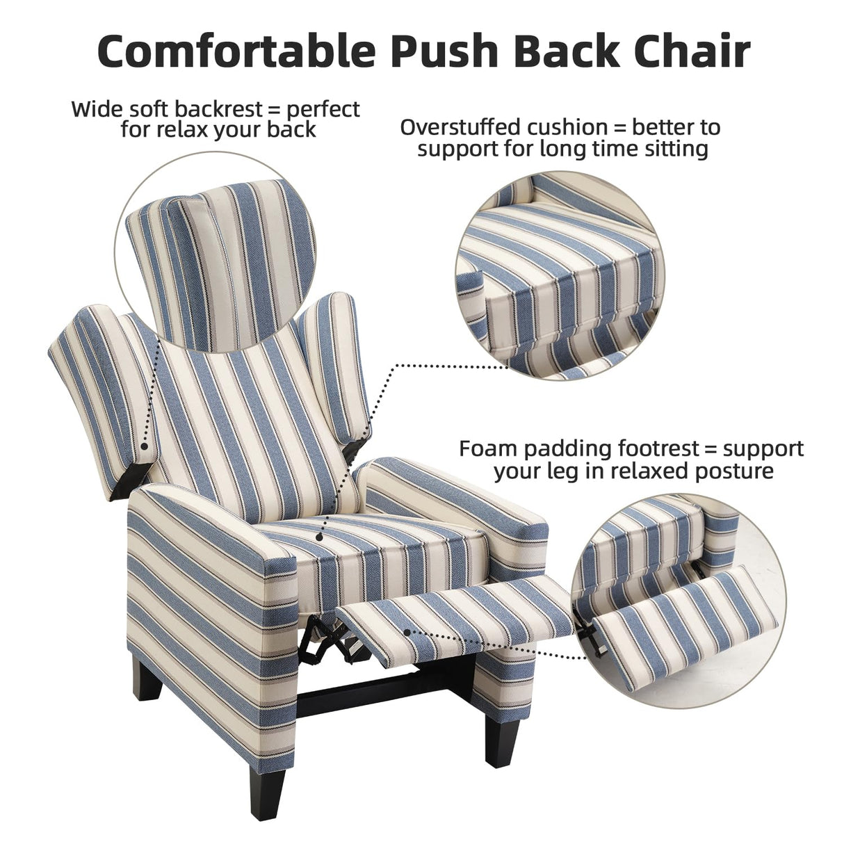 INZOY Wingback Pushback Recliner Chair, Fabric Push Back Recliners with Padded Seat, Mid Century Modern Reclining Chair for Living Room Bedroom, Blue Stripe INZOY