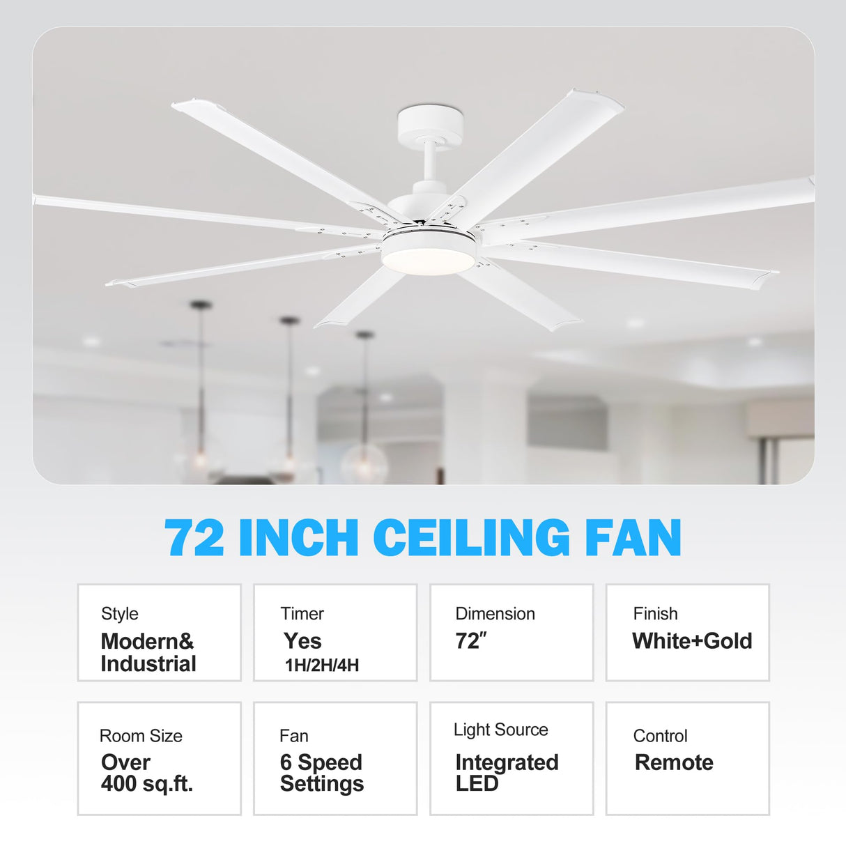 72 inch Ceiling Fans with Lights, Large White Industrial Ceiling Fan with LED and Remote Control, 6 Speeds Reversible DC Motor and 8 Blades Ceiling Fan for Indoor/Outdoor Patio Bedroom Living Room Breezary