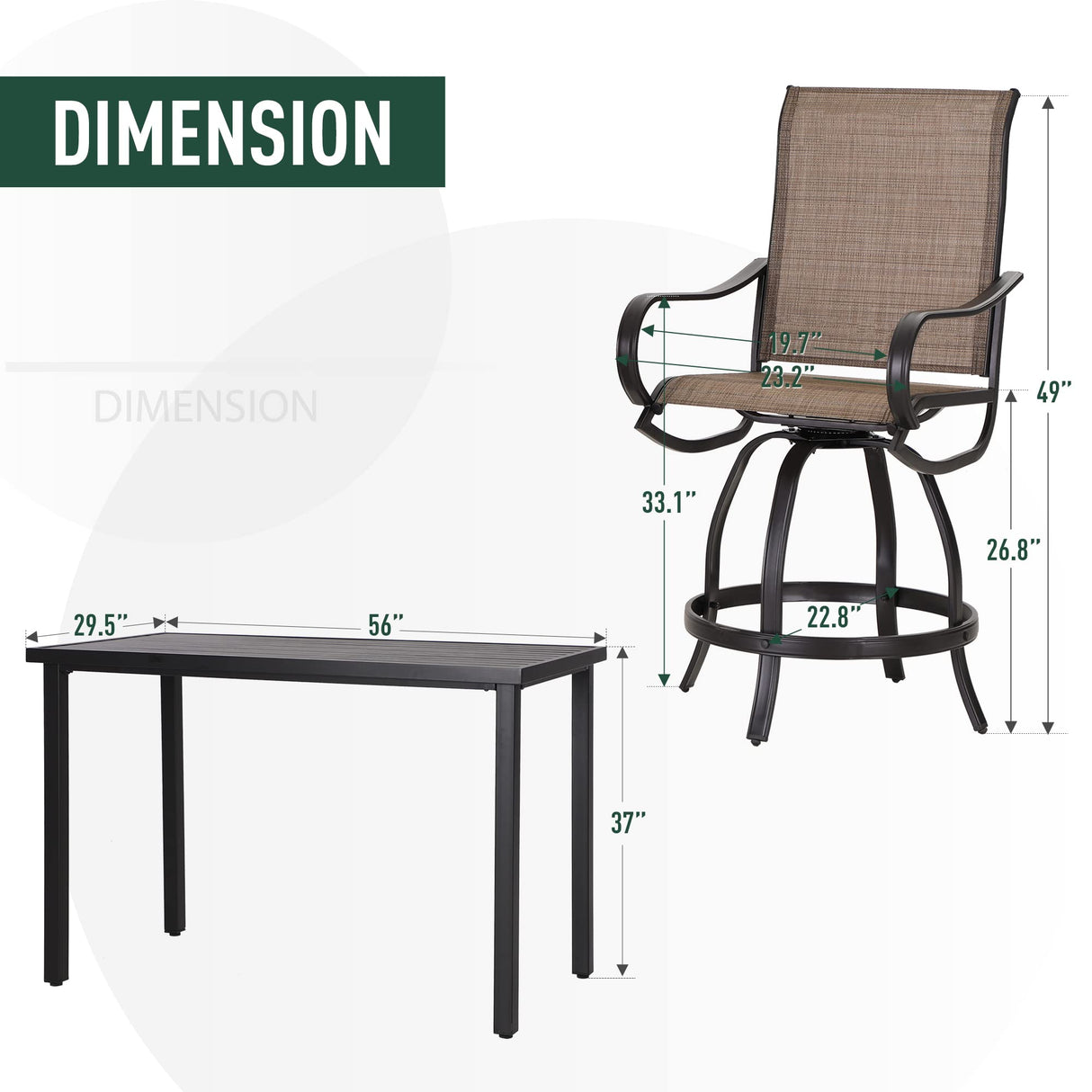 PHI VILLA 5 PCS Outdoor Bar Set, Counter Height Swivel Chair with Rectangle Metal Table, Textilene Fabric and Quick-Drying Waterproof,High Patio Set for Garden, Yard, Poolside PHI VILLA