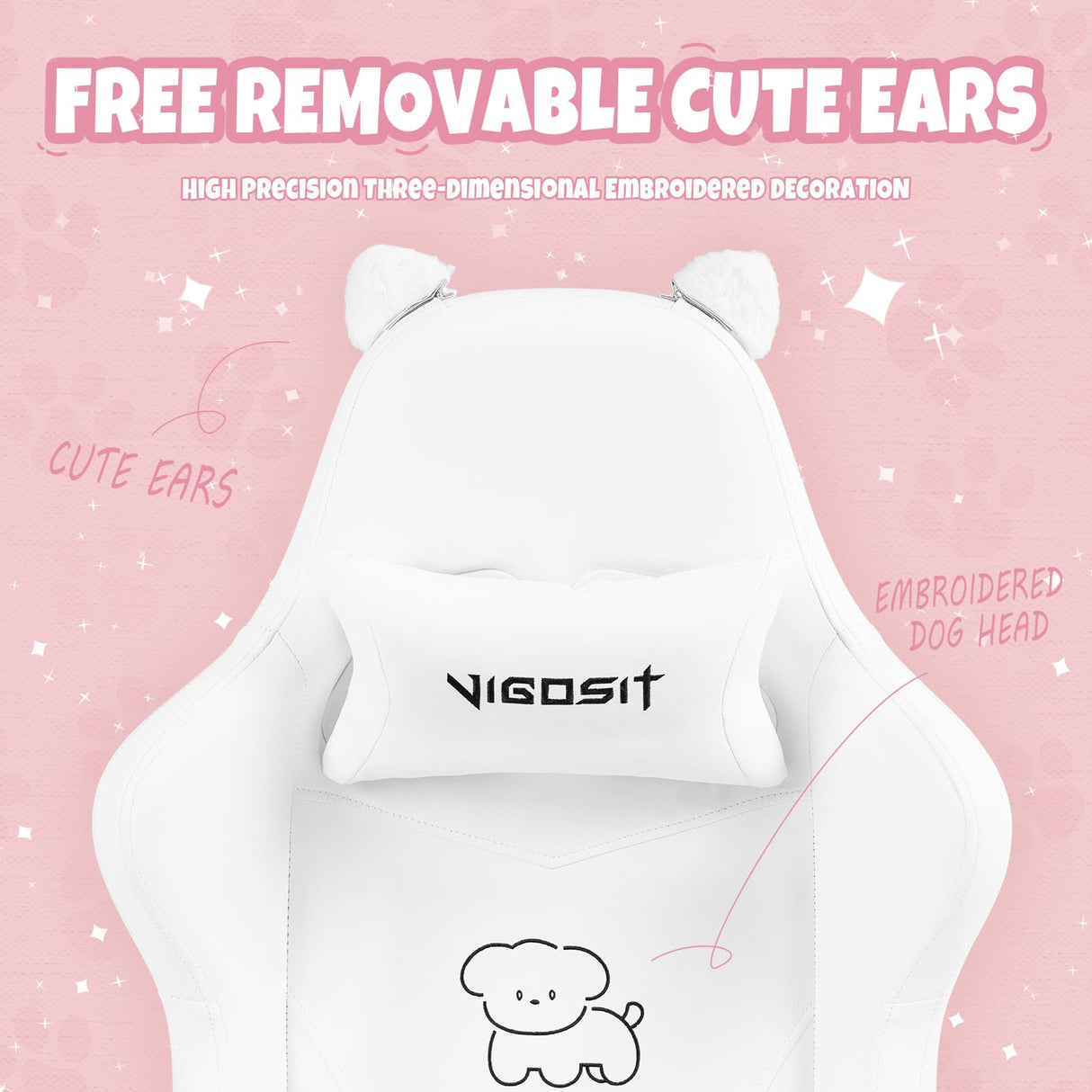 Vigosit Cute Gaming Chair with Lumbar Cushion and Decorated Ears, Ergonomic Computer Chair with Footrest, Reclining PC Game Chair for Girl, Teen, White Vigosit