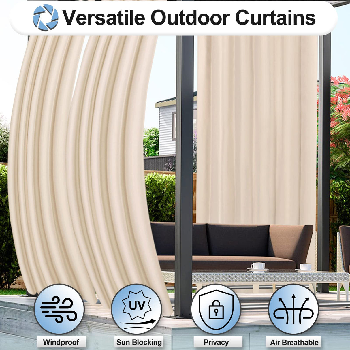 OutdoorLines Waterproof Outdoor Curtains for Patio - Windproof Tab Top Gazebo Curtain Panels - Privacy Sun Blocking Outside Curtain Set for Porch, Pergola and Cabana 54 x 84 inch, Beige, 2 Panels OutdoorLines