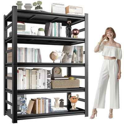 Book Shelf, Metal Bookshelves, Heavy Duty Steel Bookcases, Large Storage Capacity Adjustable Tall Industrial Bookshelf for Living Room, Bedroom and Library, Black (5-Tier With Fence 72''Hx36''Wx16''D)