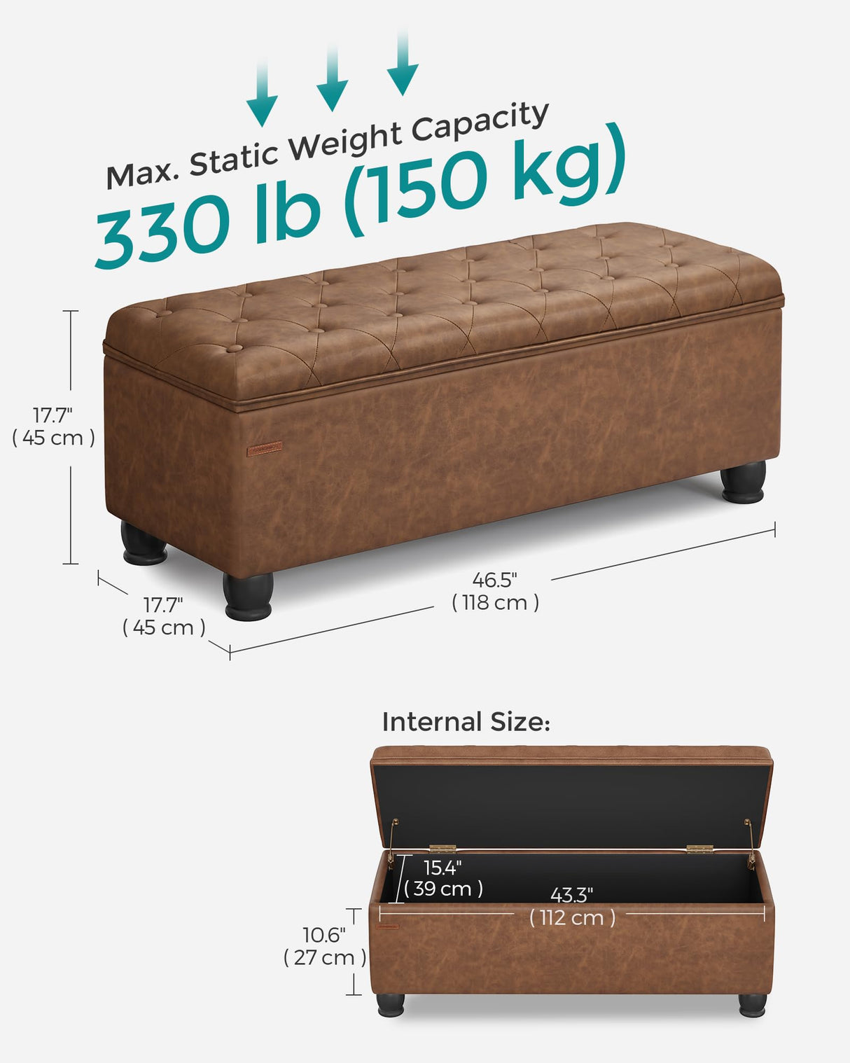SONGMICS Storage Ottoman, Storage Bench, Tufted Entryway Bedroom Bench, 17.7 x 46.5 x 17.7 Inches, Hinges Easy Lid Operation, Wooden Legs, Synthetic Leather, Loads 330 lb, Coffee Brown ULOM071K01 SONGMICS