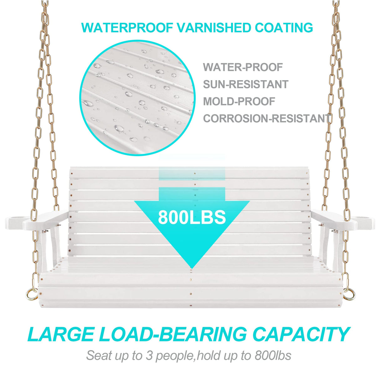 4FT Wooden Porch Swing w/Cupholders,Heavy Duty 800LBS Outdoor Swing Bench w/Chains,Patio Roll Back Swing Chair Bench,Front Porch 2-Person Hanging Bench,for Garden Courtyard Lawn & Balcony Backyard RELIANCER