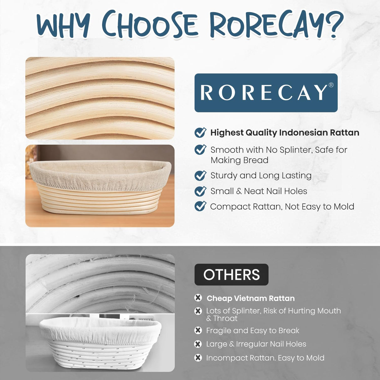 RORECAY Bread Banneton Proofing Basket Set, 9 Inch Round & 10 Inch Oval Cane Sourdough Baskets with Dough Whisk Bread Lame Dough Scraper Bowl Scraper Silicone Brush Sourdough Bread Baking Supplies rorecay