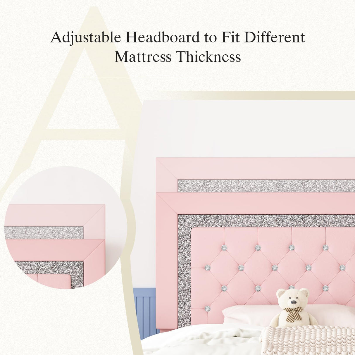 HOMBCK Twin Bed Frame, Pink Upholstered Bed Frame Twin Size with Diamond Tufted Headboard, Girls Twin Bed Frame with Faux Leather Headboard & Footboard, Wooden Slats Support, No Box Spring Needed HOMBCK