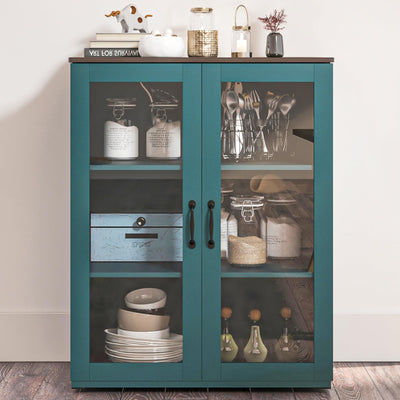 Vrullu Storage Cabinet, Green Free Standing Buffet Cabinet, Accent Kitchen Cabinet with Tempered Glass Doors, Wood Display Cabinet with Adjustable Shelf, Curio Cabinet for Living Room, Hallway
