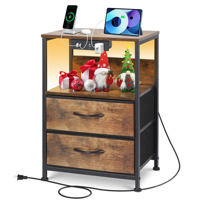 OUTONLIFE Nightstand with LED Dimmable Light & Charging Station, Narrow Bed Side Table with 2 Fabric Drawers, 2 USB Ports & AC Outlets, 3-Tier End Table with Storage Shelves for Bedroom, Living Room